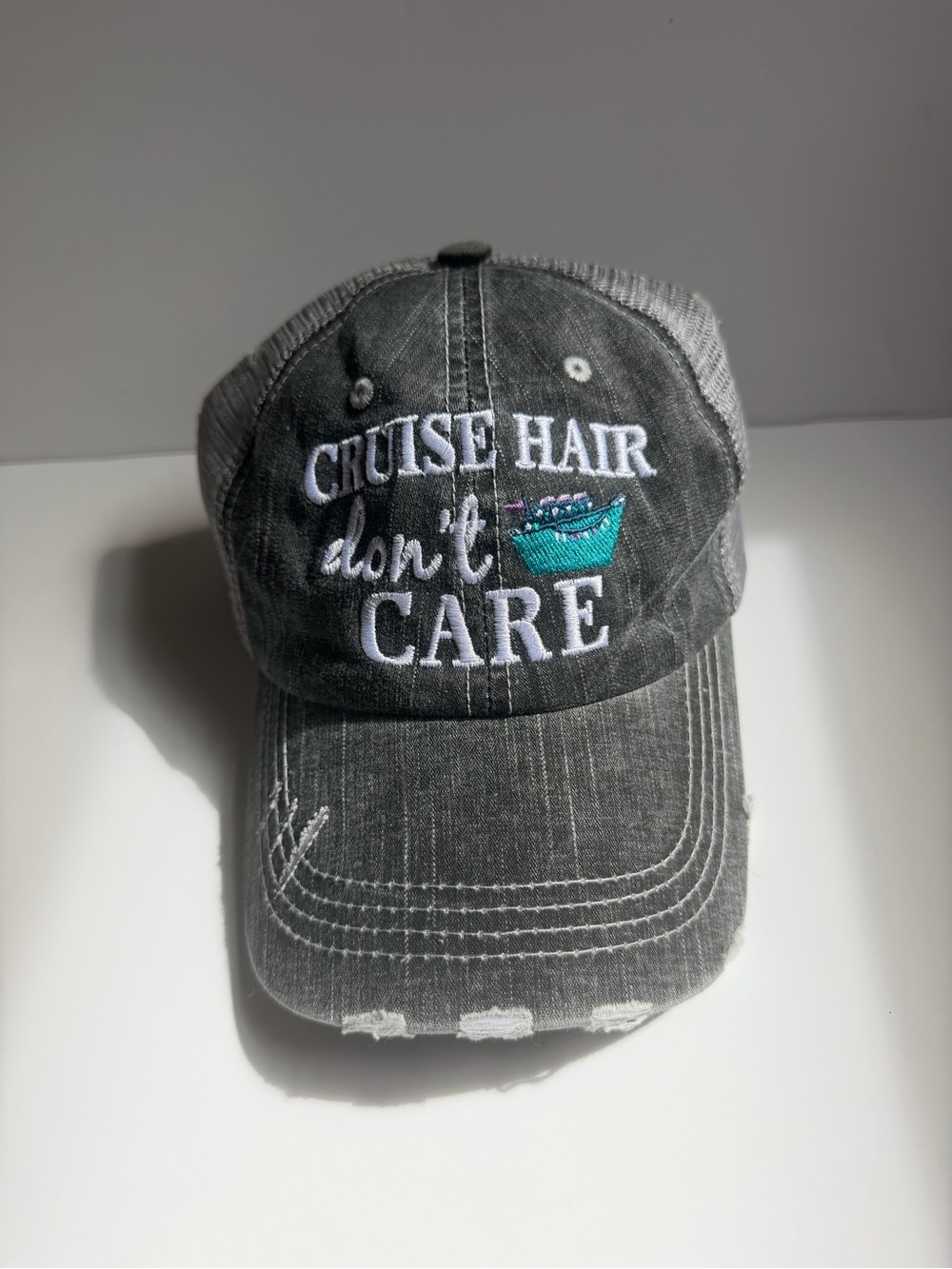 Katydid Gray Distressed Baseball Cap with Teal Boat Embroidery